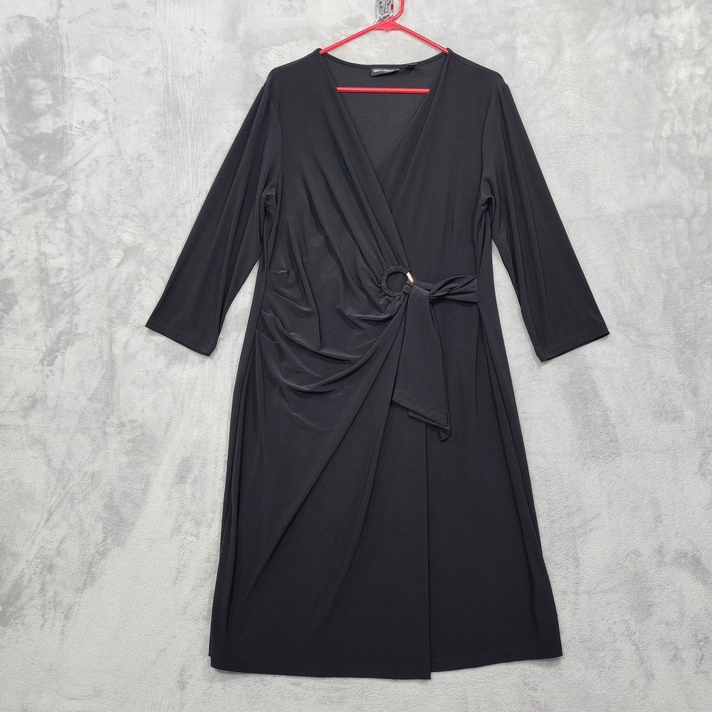 Vintage Nina Leonard Dress Women L Black 3/4 Sleeve Ring Tie Wrap Stretch Jersey